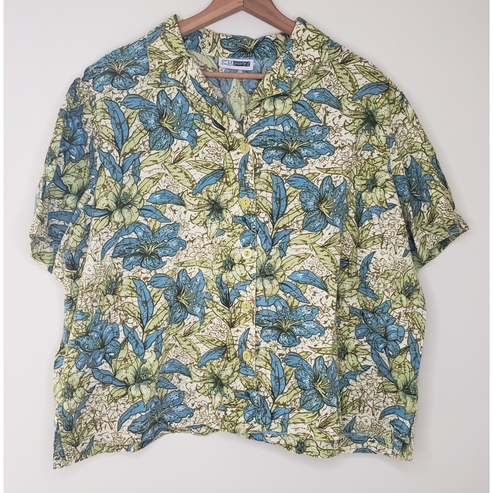 CM Shapes Gauzy Top‎ Sz 2X Button Up Short Sleeve Tropical Island Beachy Boho